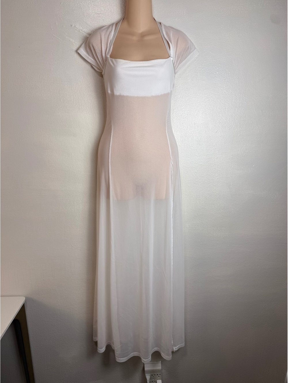 White Sheer Mesh Cutout Halter Maxi Cover Up Dress Size S Bolero and Halter Neck